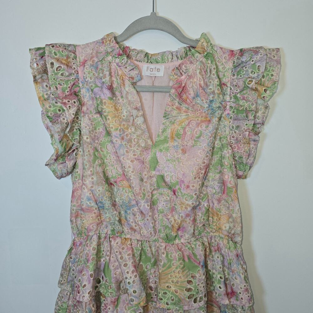 FATE Tiered Floral Dress Pink Sleeveless Eyelet Lined Womens Small V-Neck - Picture 3 of 11